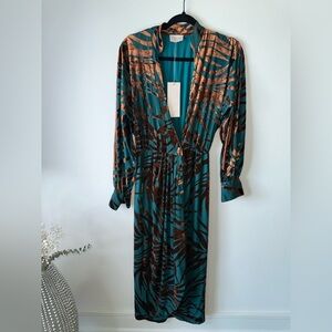 Long Sleeve Teal Dress with Bronze Metallic Print